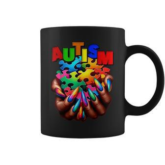 Autism Awareness Hand Black Woman Autism Mom Puzzle Piece Coffee Mug - Seseable