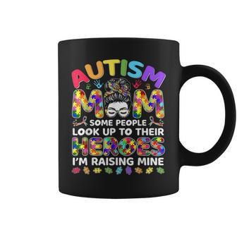 Autism Mom Raising Hero Messy Bun Autism Awareness Coffee Mug - Seseable