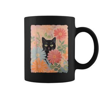 Black Cat And Flowers Cat Lover Cat Floral Cat Coffee Mug - Seseable