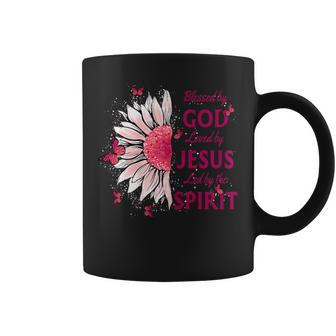 Blessed By God Loved By Jesus Pink Sunflower And Butterfly Coffee Mug - Monsterry CA