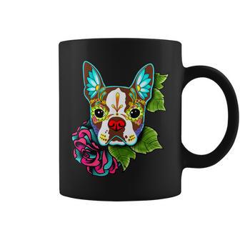 Boston Terrier In Red Day Of The Dead Sugar Skull Dog Coffee Mug - Monsterry