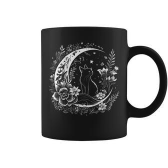 Cat Sitting On Crescent Moon Flowers Stars Drawing Women Coffee Mug - Monsterry DE