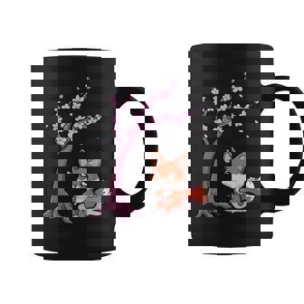 Cherry Blossom Tree & Flowers With Kawaii Chibi Fox Anime Coffee Mug - Thegiftio UK