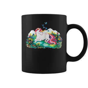 Colorful Unicorn Laying In A Flower Filled Field Coffee Mug - Monsterry AU