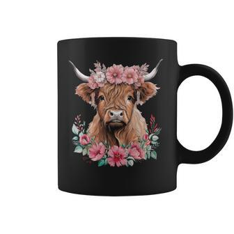 Cute Baby Highland Cow With Flowers Calf Animal Cow Women Coffee Mug - Seseable
