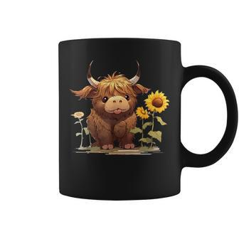 Cute Baby Highland Cow With Sunflowers Calf Animal Farm Coffee Mug - Seseable