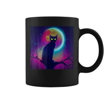Cute Black Cat Spooky Yellow Purple Full Moon Logo Coffee Mug - Monsterry UK