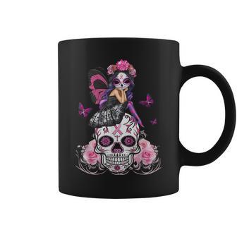 Cute Fairy Sugar Skull Breast Cancer Butterfly Pink Ribbon Coffee Mug - Monsterry