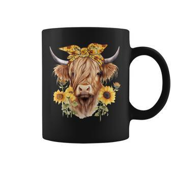 Cute Scottish Highland Cow Wearing Sunflower Bandana Heifer Coffee Mug - Monsterry UK