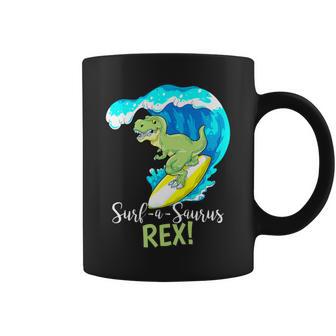 Cute Surfing Dinosaur Surf A Saurus Rex Ride The Waves Coffee Mug - Monsterry