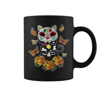 Dia De Los Muertos Monarch Butterfly Sugar Skull Cat Coffee Mug - Monsterry