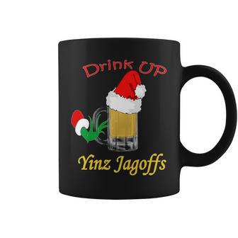 Drink Up Yinz Jagoffs Beer With Santa Hat Pittsburgh Theme Coffee Mug - Monsterry UK