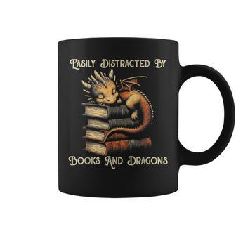 Easily Distracted By Books & Dragons Bookworm Reading Coffee Mug - Seseable
