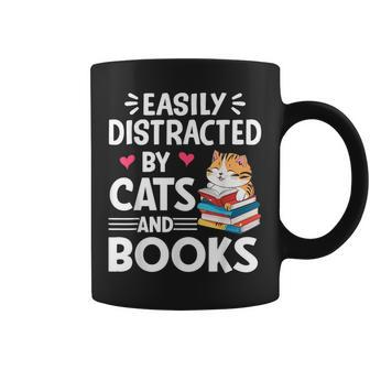 Easily Distracted By Cats And Books Cute Cat And Book Lovers Coffee Mug - Seseable