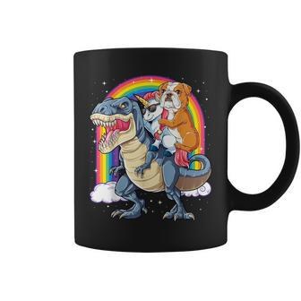 English Bulldog Unicorn Riding Dinosaur T Rex Girls Coffee Mug - Monsterry