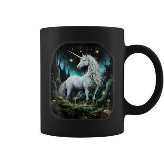 Fantasy White Unicorn Standing In Forest Stars Coffee Mug - Seseable