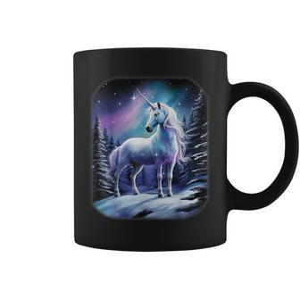 Fantasy White Unicorn Standing In The Snowy Forest Coffee Mug - Monsterry