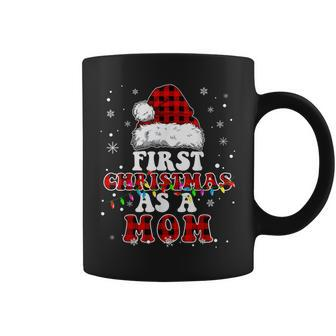 First Christmas As A Mom Santa Hat Red Plaid Buffalo Coffee Mug - Seseable
