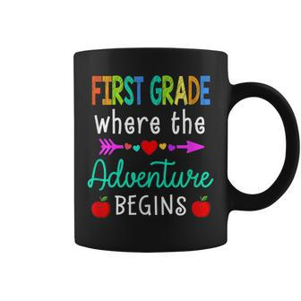 First Grade Where The Adventure Begins Kinder Teacher Coffee Mug | Crazezy