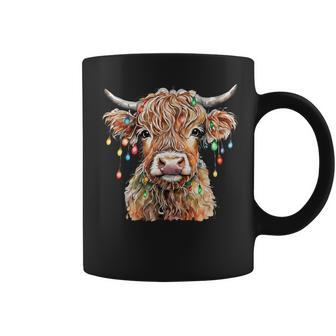 Fluffy Scottish Highland Cow With Xmas Lights Christmas Coffee Mug | Mazezy