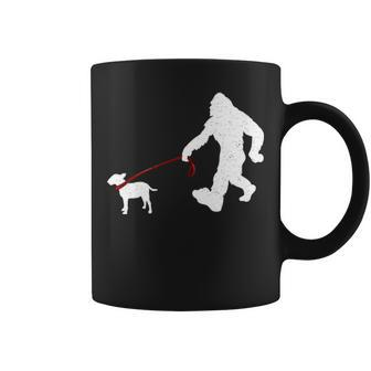 Bigfoot Walking With Bull Terrier Dog Coffee Mug | Mazezy