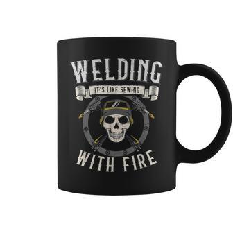 Slworker Skull Sewing With Fire Welder Hood Welding Coffee Mug - Monsterry