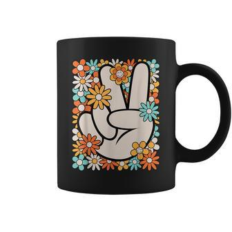 Hippie Peace Hand Sign Groovy Flower 60S 70S Retro Coffee Mug - Seseable