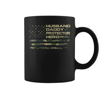Husband Daddy Protector Hero Fathers Day American Flag Mens Coffee Mug - Seseable