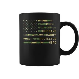 Husband Daddy Protector Hero Fathers Day Camo American Flag Coffee Mug - Monsterry AU