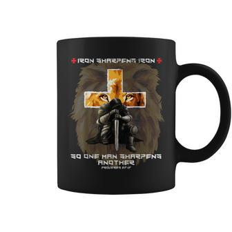 Iron Sharpens Iron Christian Scripture Crosses Lion Graphic Coffee Mug - Monsterry UK