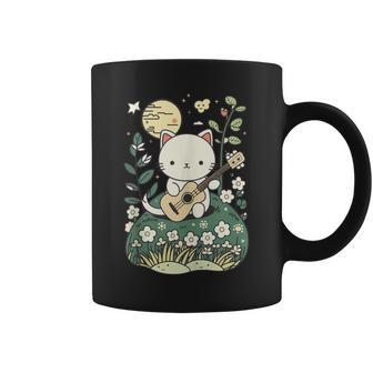 Kawaii Cat Playing Guitar Cute Flowers And Moon Cat Lover Coffee Mug - Monsterry AU