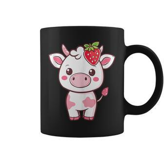 Kawaii Cute Pink Cow With Strawberries Coffee Mug | Mazezy