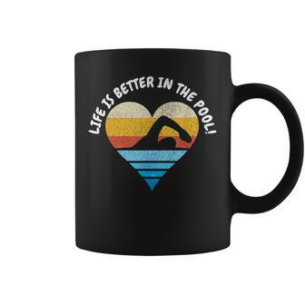 Life Is Better In The Pool Retro Distressed Heart-Love Swim Coffee Mug - Seseable