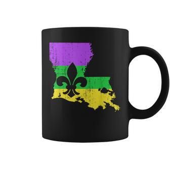 Louisiana Map With Mardi Gras Colors And Fleur De Lis Coffee Mug - Monsterry CA