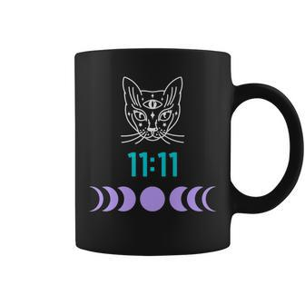 Manifestation Cat And Moon Phase 11 11 Eleven Eleven Purple Coffee Mug - Monsterry DE