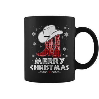 Merry Christmas Cowboy Boots Red Buffalo Plaid Western Coffee Mug - Monsterry CA