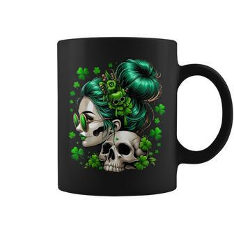 Messy Bun Irish Skull Saint Pattys Day Coffee Mug - Seseable