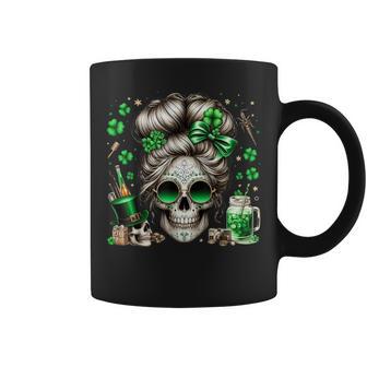 Messy Bun Skull Saint Paddys Day Irish Women Coffee Mug - Monsterry DE