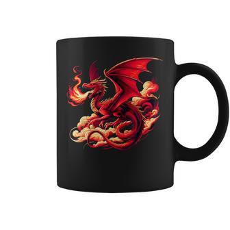 Mythical Red Dragon Breathes Fire On Clouds Boy Girl Dragon Coffee Mug - Seseable