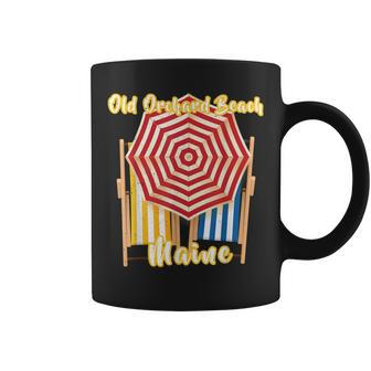 Old Orchard Beach Maine Nautical Umbrella Striped Chairs Coffee Mug - Monsterry
