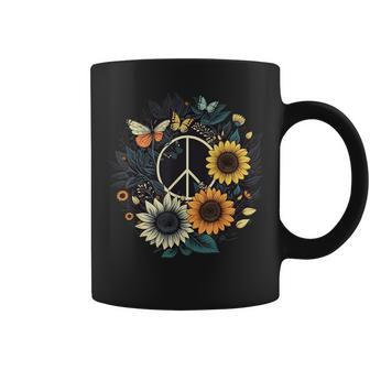 Peace Sign Love Sunflower On 60S 70S Sunflower Hippie Coffee Mug - Seseable
