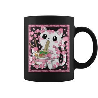 Pink Kawaii Cat Ramen Noodles Anime Japanese Cherry Blossom Coffee Mug | Seseable CA
