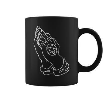 Prayer Hands Giving The Finger With Evil & Pentagram Tattoo Coffee Mug - Monsterry