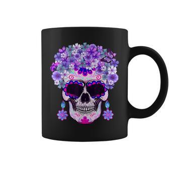 Purple Floral Sugar Skull Day Of Dead Bone Head Butterfly Coffee Mug - Monsterry