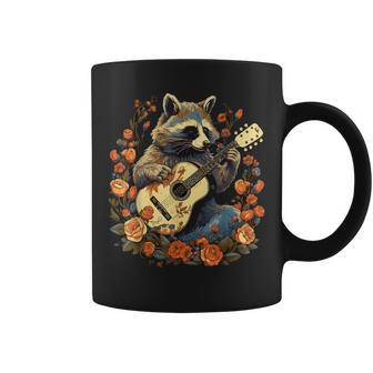 Raccoon Playing Guitar Cottagecore Floral Racoon Animal Coffee Mug - Monsterry