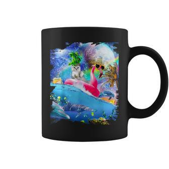 Rainbow Space Galaxy Cat On Flamingo Dolphin Coffee Mug - Monsterry DE
