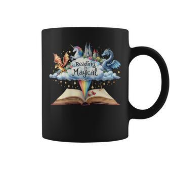 Reading Is Magical Unicorn Dragon Bookworm Book Reader Coffee Mug - Seseable