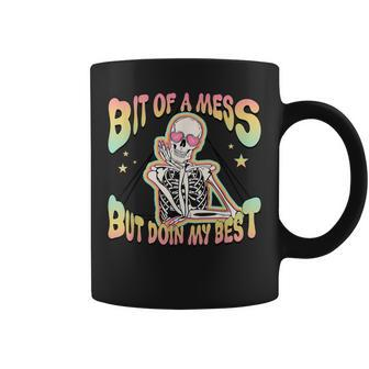 Retro Bit Of A Mess But Doin' My Best Mental Health Skeleton Coffee Mug - Monsterry