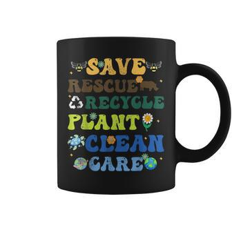 Retro Earth Day Save Bees Rescue Animals Recycle Plastics Coffee Mug - Seseable