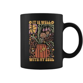 Retro Groovy It Is Well With My Soul Boho Flowers Floral Coffee Mug - Monsterry AU